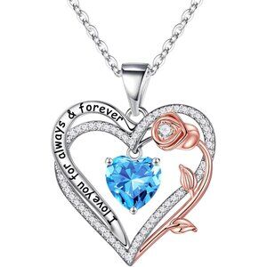 925 Sterling Silver Heart Necklace with Created Aquamarine - Hypoallergenic, Uni